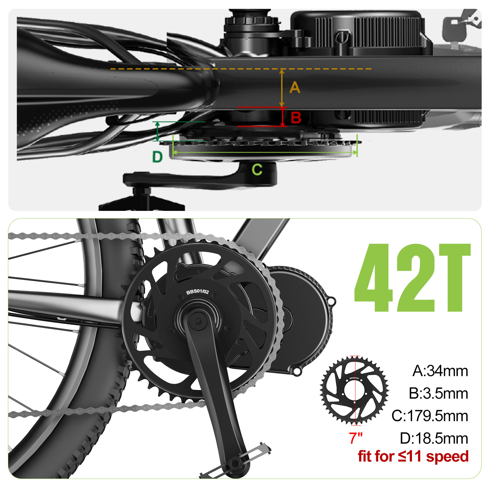 36T Sprocket for BAFANG BBS02B BBS01B 250W-750W Mid Drive Kit 42T Chainring