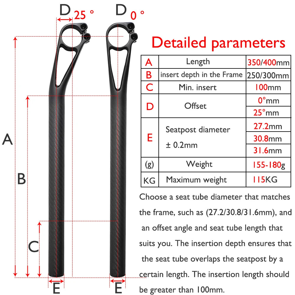 -0°/25° Fully Carbon Hollow Seat Tube Road Gravel Off-road MTB Bicycle Seatposts