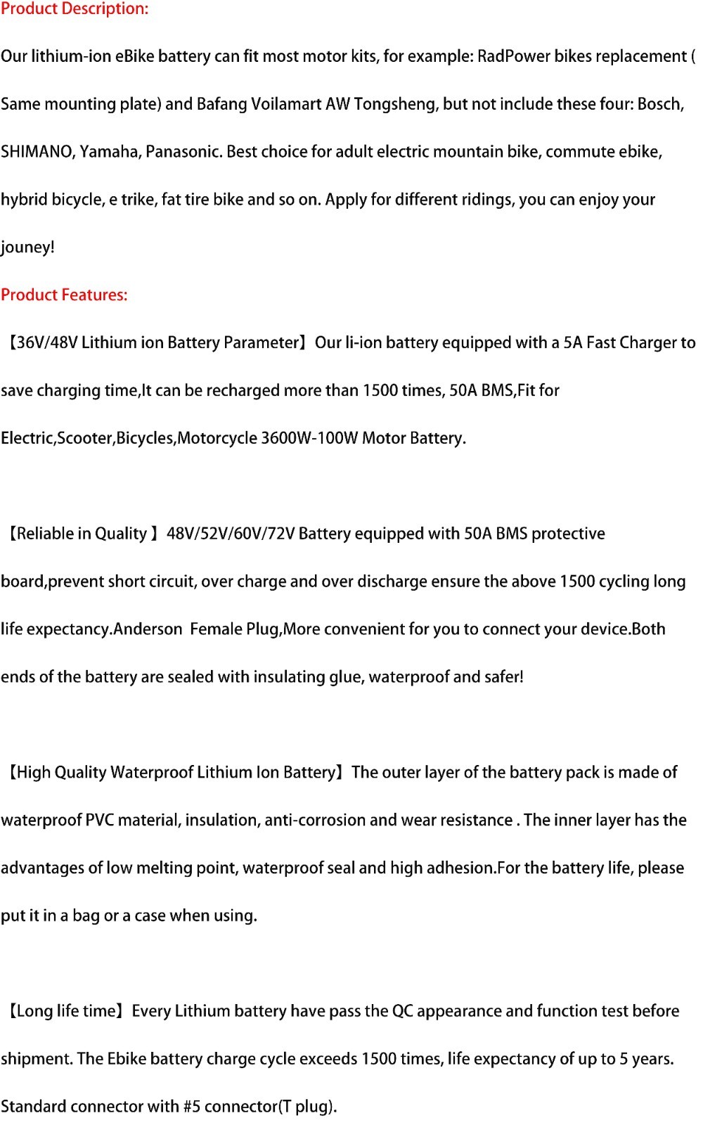 48V 52V 60V 72V Lithium Battery for 0W-3600W Ebike Electric Bike Scooter 20/30AH