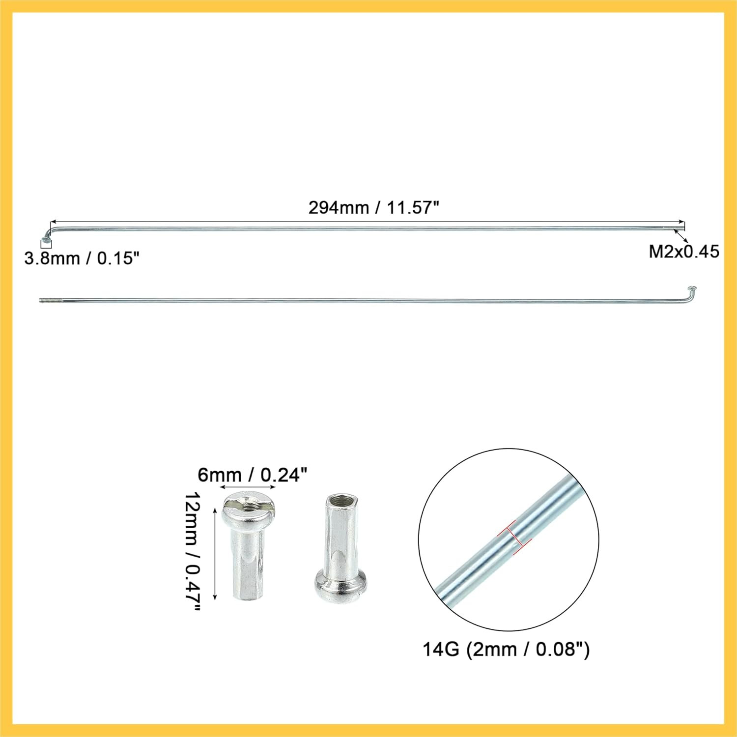 36 Pcs 14G J Bend 294Mm X 2Mm Bike Bicycle Spokes with Nipples Steel Silver Tone