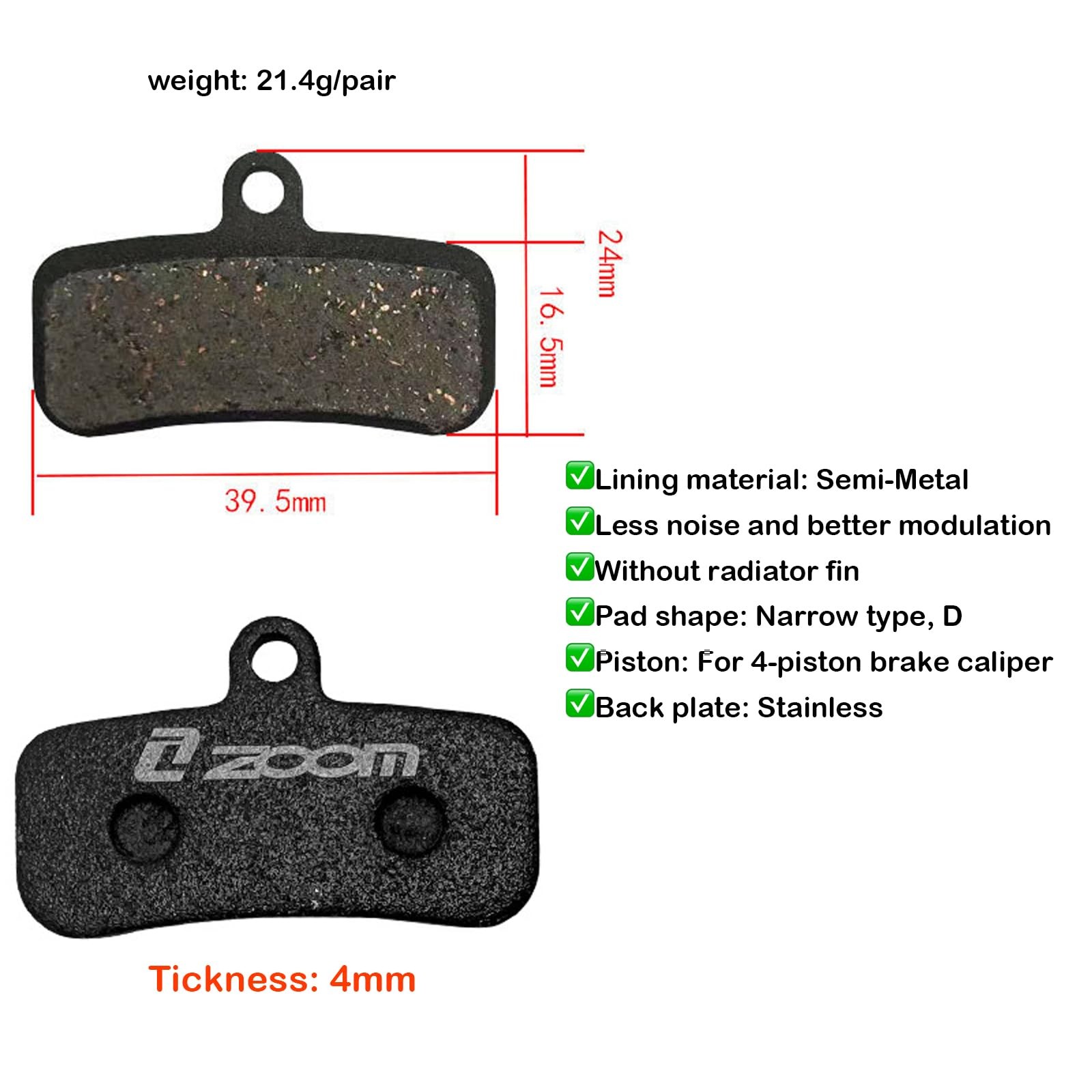 Zoom 4-Pistons Pads Semi-Metallic Brake Pads Compatible with Zoom HB876E XTR …