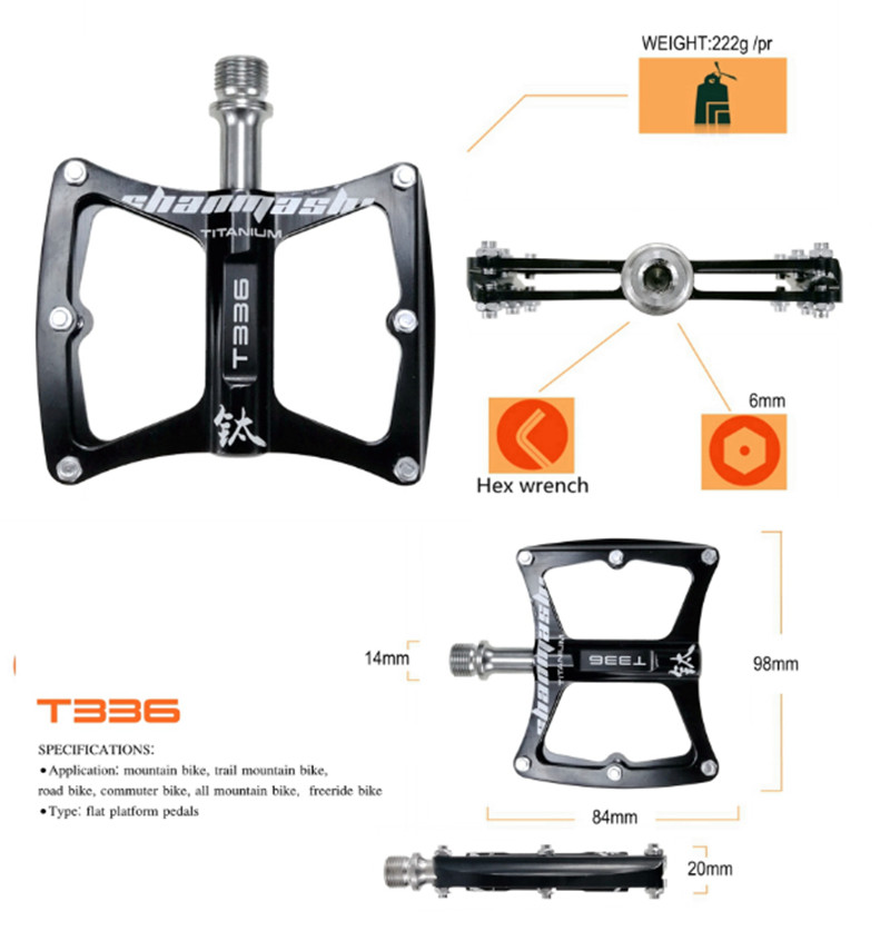 SMS Ultralight 9/16″ Titanium Flat Bicycle Pedals MTB Road Bike Pedals 3 Bearing