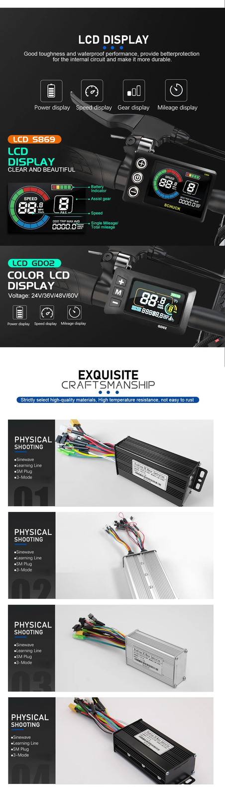 E-bike Sine Wave Controller 36V/48V 17A 26A 30A 40A Three-Mode 250W-1000W Motor
