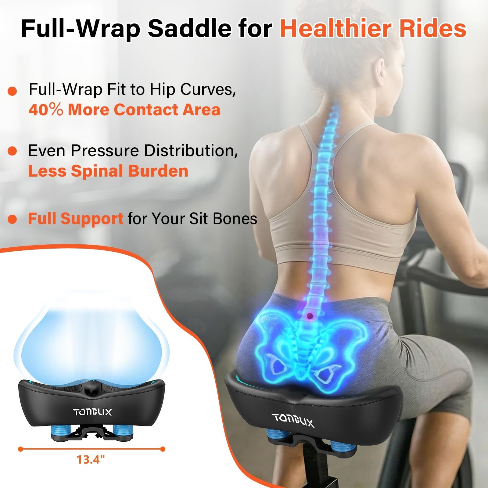 Comfortable Wide Bike Seat Cushion for Men & Women, 6cm Padding, Large Peloton &