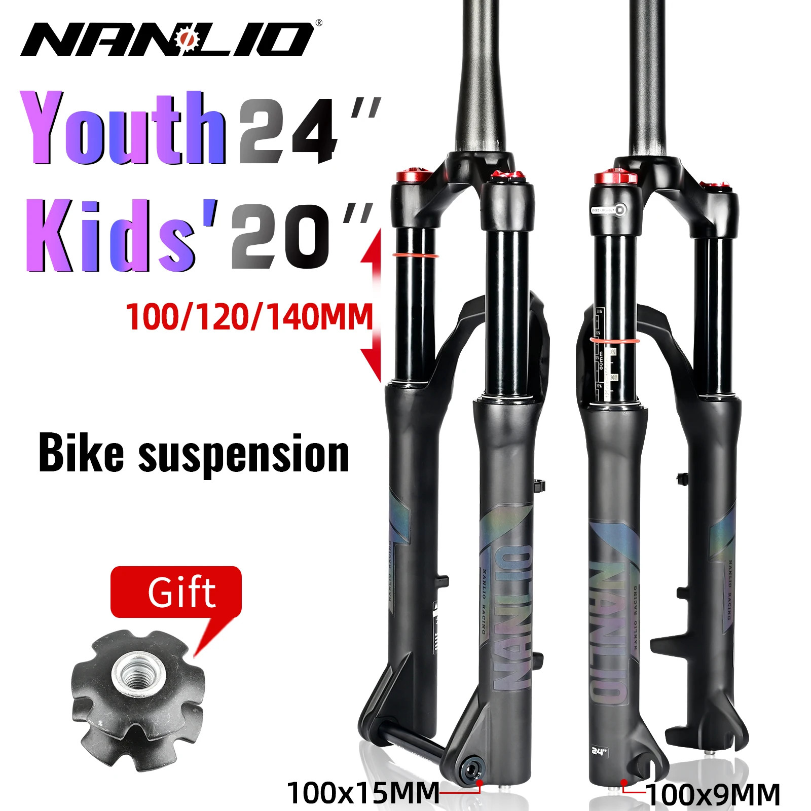 Youth Kids’ Mountain Bike Suspension Fork 20 24er 100-140mm Travel Oil Gas Fork