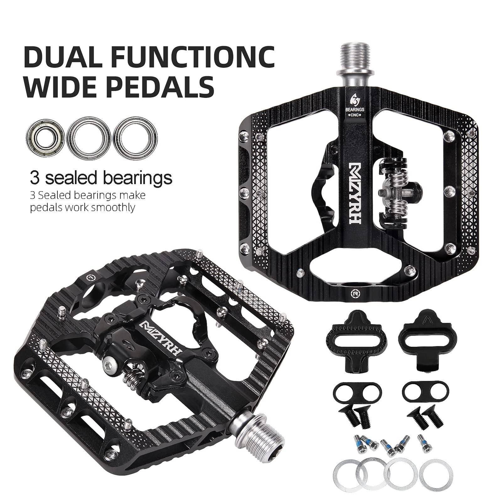MTB Mountain Bike Pedals 3 Bearing Flat Platform Compatible with SPD,Dual Functi