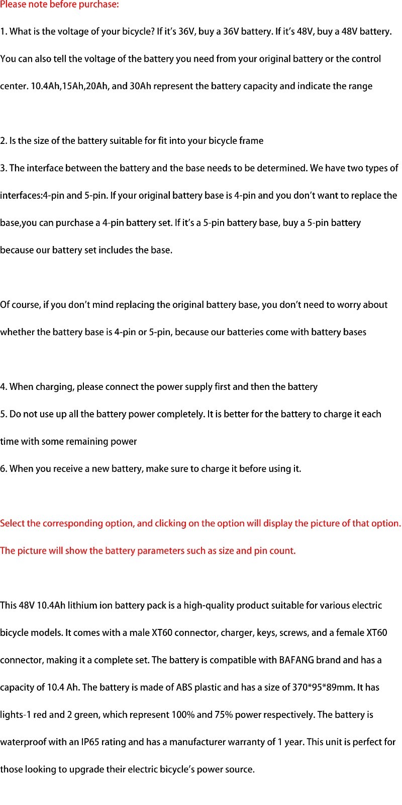 Lithium Ebike Battery 48V 36V 10.4Ah 1000W 750W 500W 350W 200W Electric Bike 30A