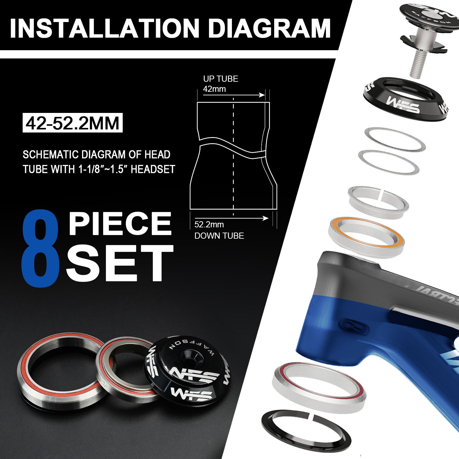 WFS HY638 Full Integrated Headset 1 1/8 – 1.5 inch 7.8mm Tapered Top Cone , Blue