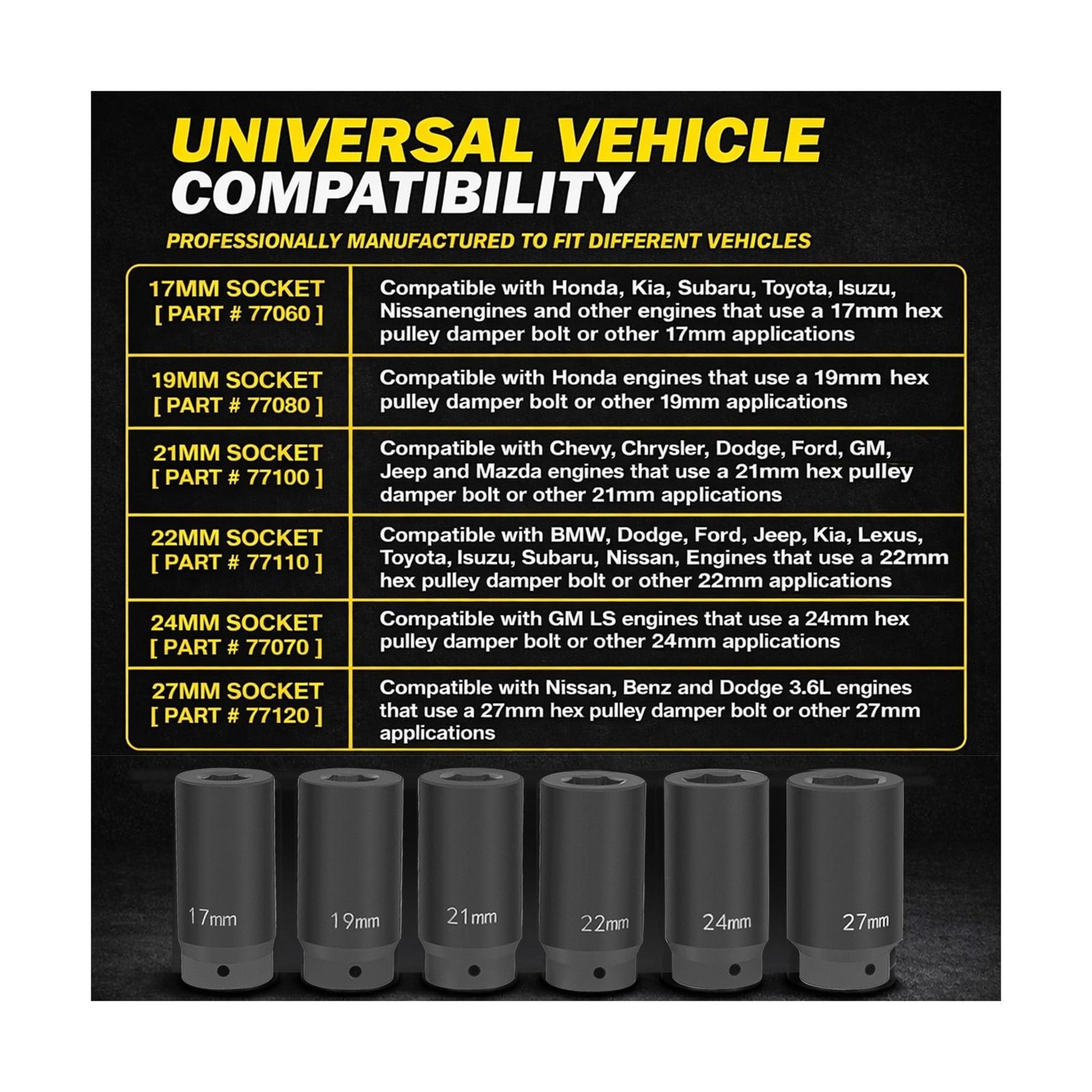 1/2’’ Drive Weighted Crank Bolt Socket Set, 17MM, 19MM, 21MM, 2… F
