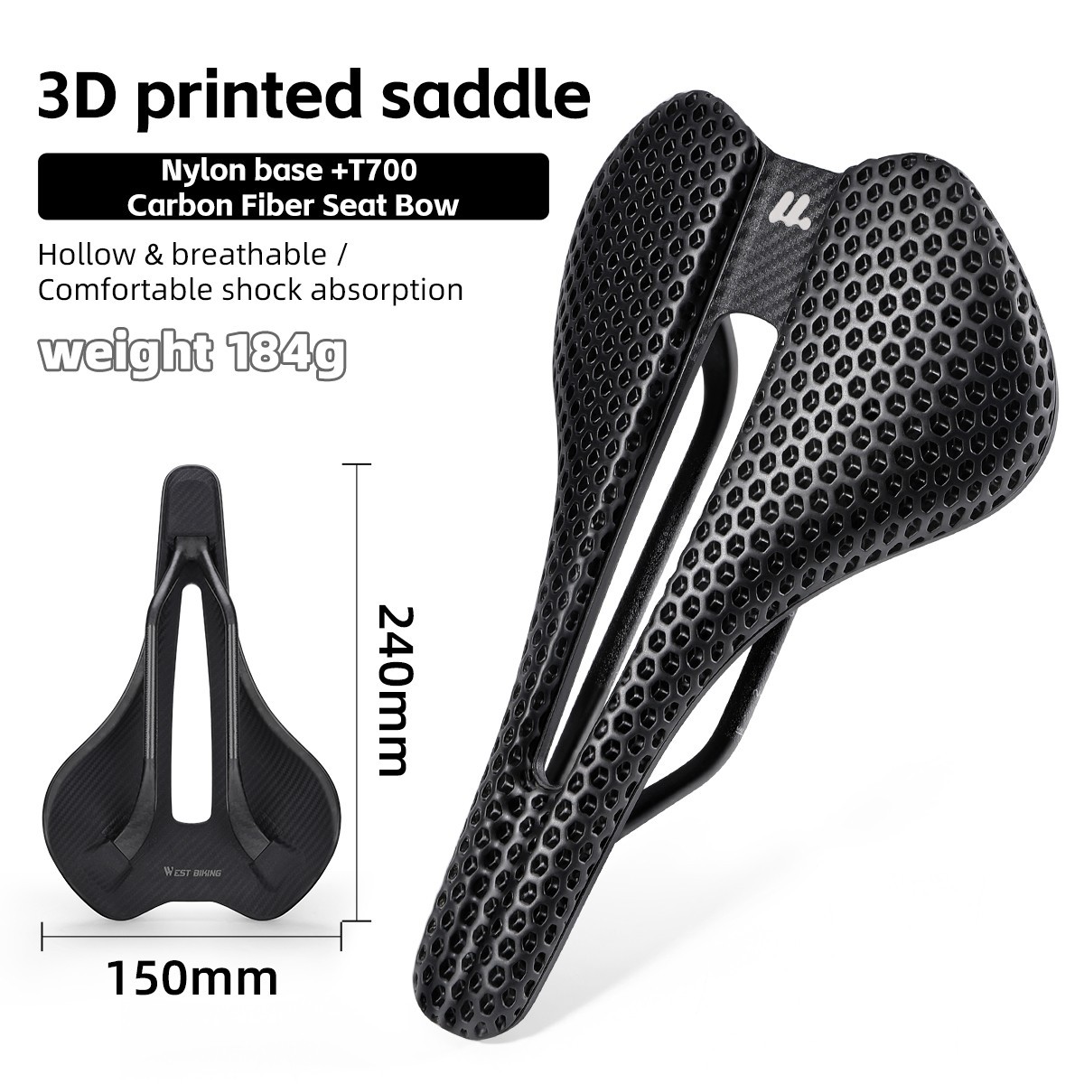 WEST BIKING 3D Printed Bicycle Saddle Hollow Carbon Fiber Seat Bow Bike Saddle