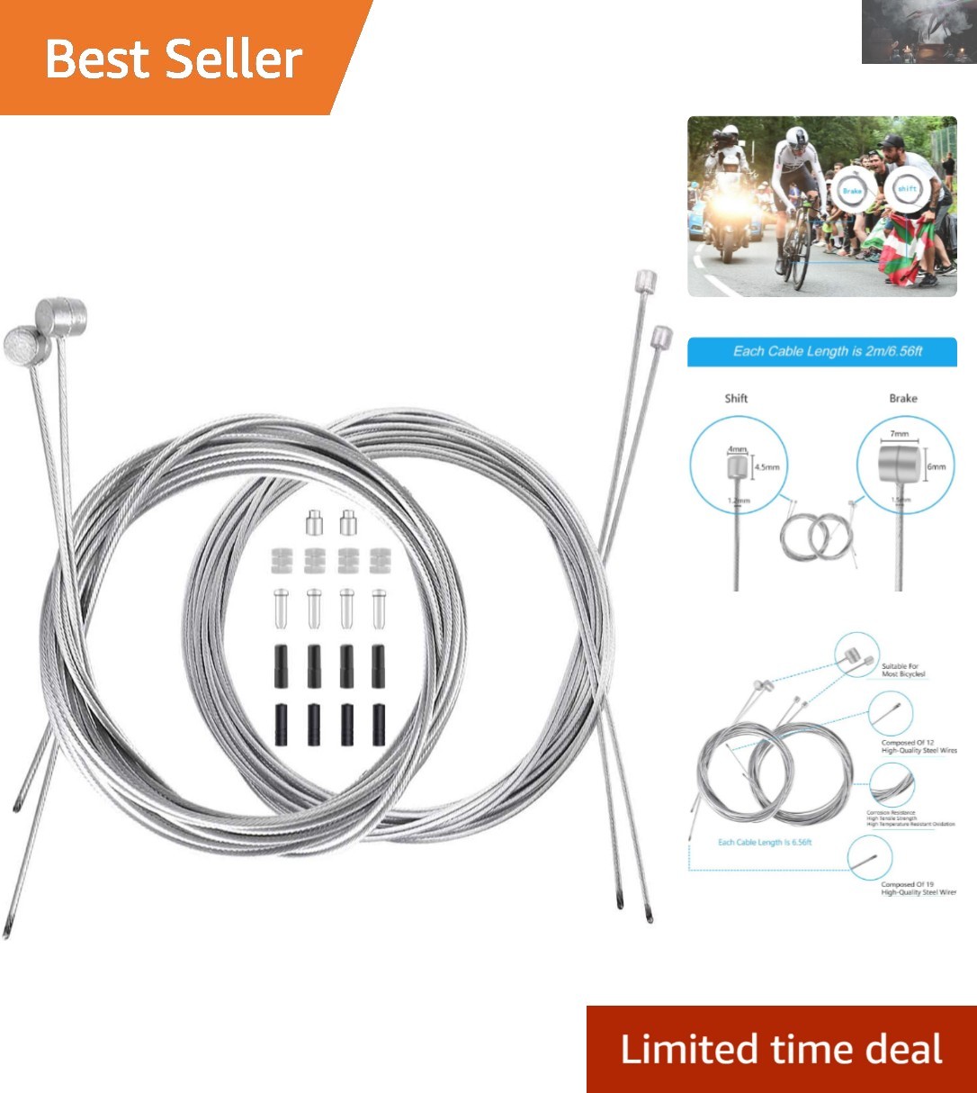 Complete Inner Cable Set with Free Accessories for Bicycle Maintenance (18 PCS)