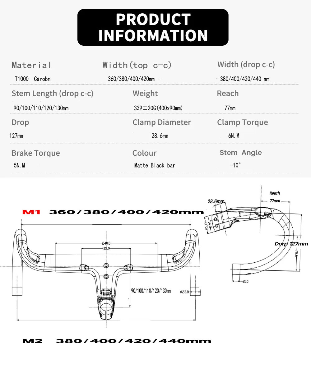 Road Bicycle Integrated Carbon Handlebar Stem with Spacer Mount 360-420*28.6mm