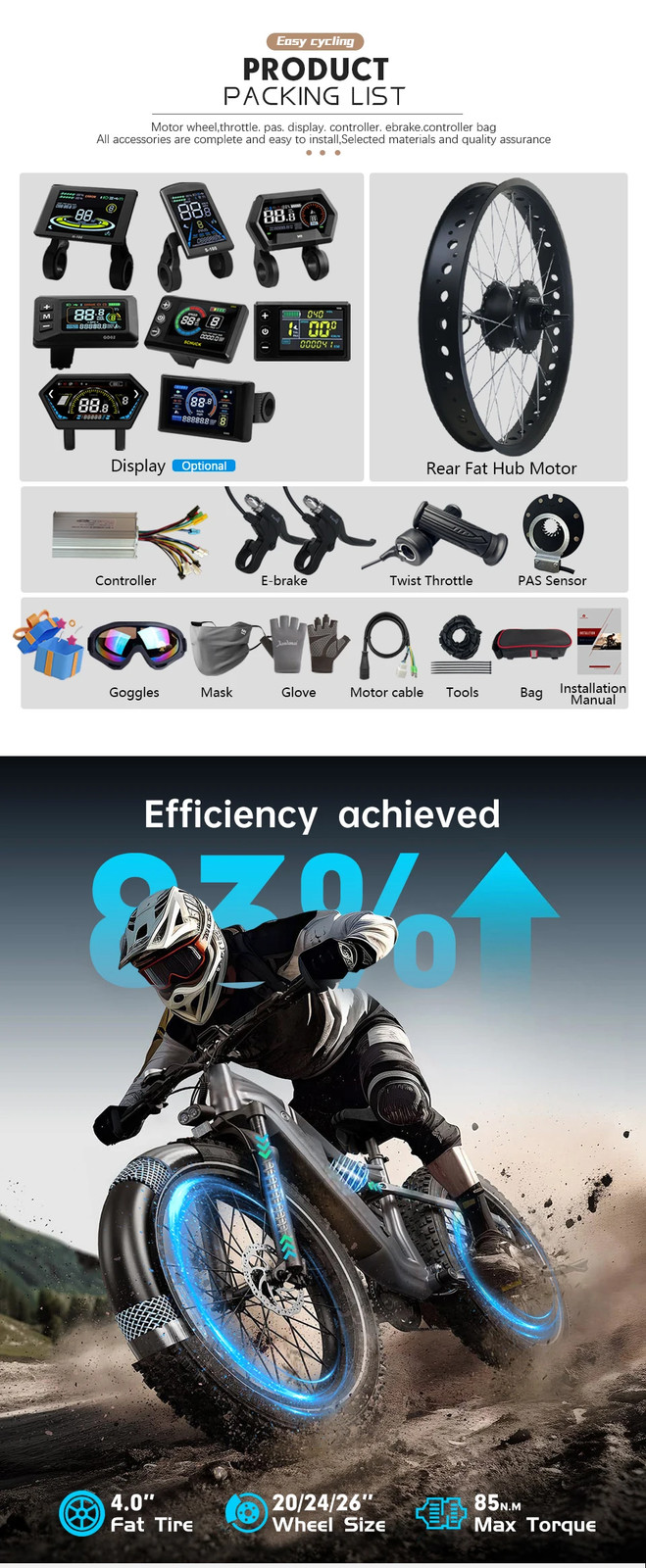 E-bike Fat Tire Conversion Kit 48V 750W Brushless Rear Cassette Hub Motor Wheel