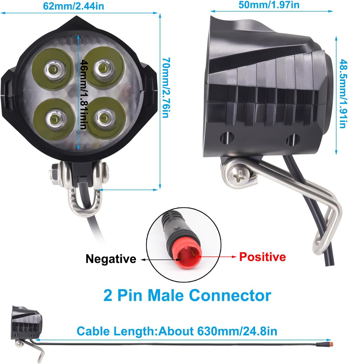 Ebike Headlight 48V 36V, 12V-60V Compatible, 2 Pin Waterproof Connector Electric