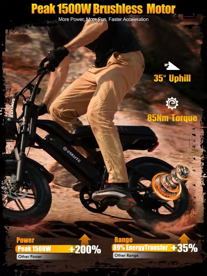 Eskute V100 Electric Bike 1500W Peak 28MPH 48V13Ah Motorcycle 16 X4 Fat Tire New