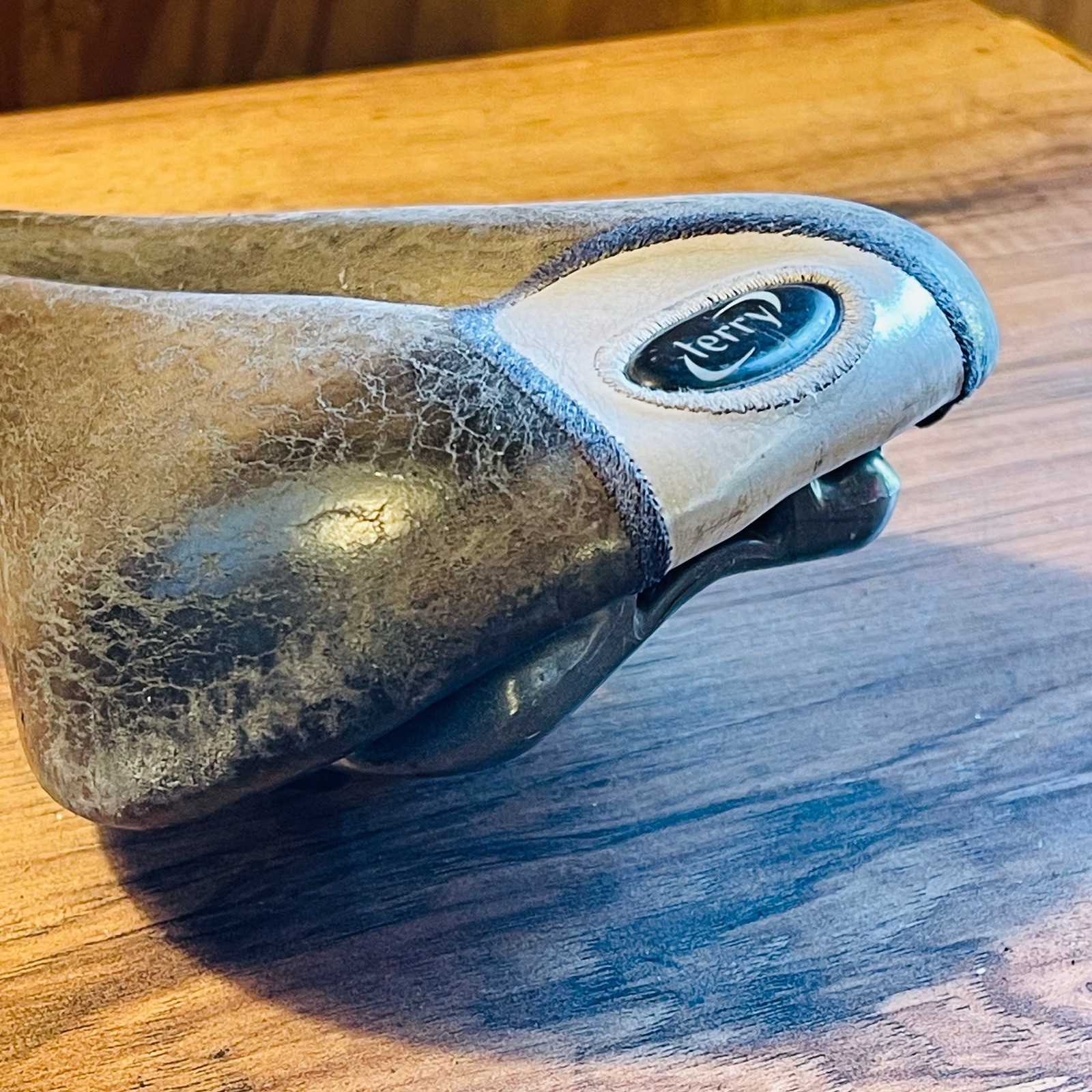 Terry  Cutaway Saddle Gray Leather Titanium Rails
