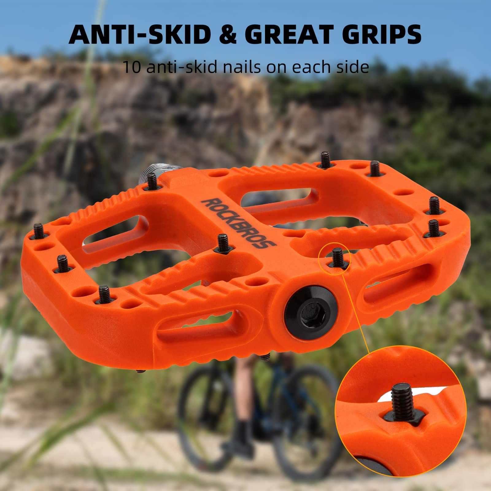 ROCKBROS Mountain Bike Pedals Nylon Composite 4.56 inches x 5.3″, Orange