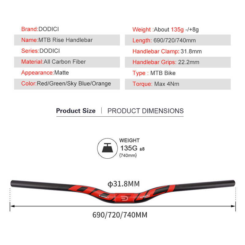 Carbon Fiber Bicycle Handlebar Backsweep 5° MTB Bike Rise Bar 31.8*690/720/740mm