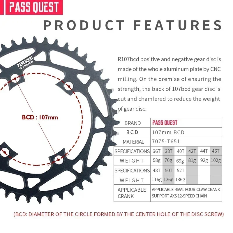 107bcd Chainring 12 Speed Round Chainwheel 36 40 42 54 56 58T for Crankset