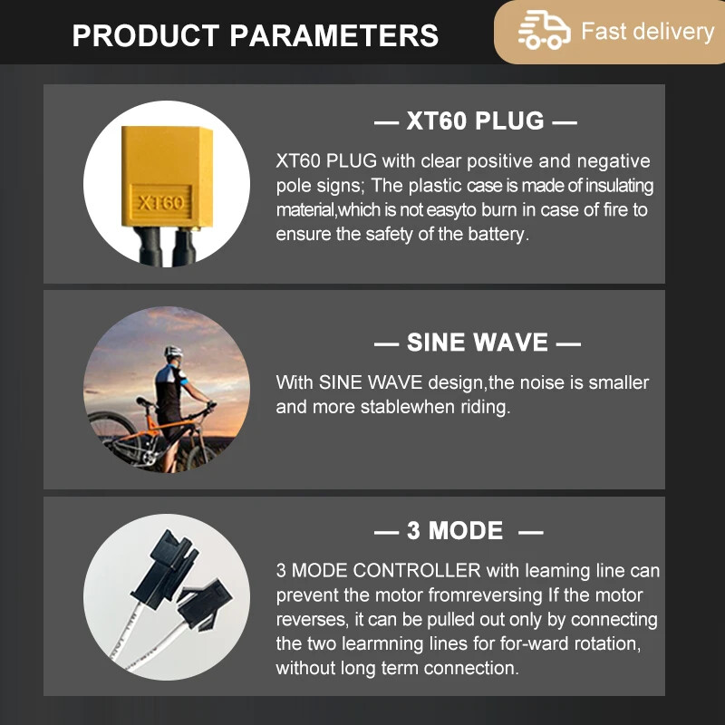 Three Mode 250W-1000W E-bike Brushless Sinewave Controller 17A/26A/30A 36V/48V
