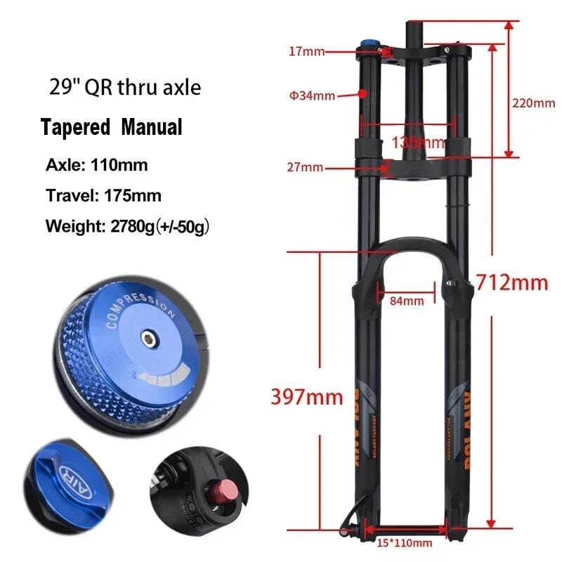 Downhill MTB Double Shoulder Inverted Air Suspension Fork 27.5/29er Travel 175mm