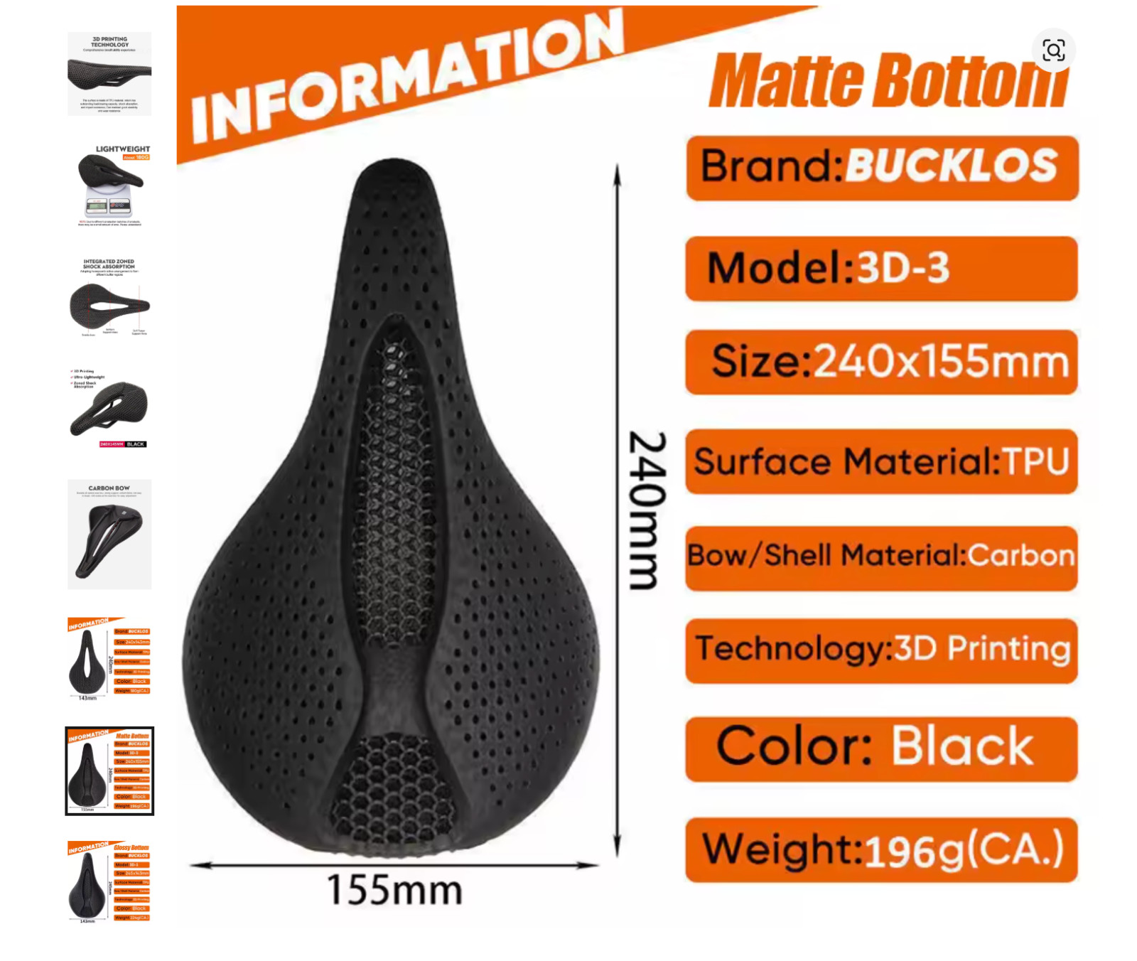 BUCKLOS 3D Printed Ultralight Carbon Fiber Road Bike Saddle 155mm