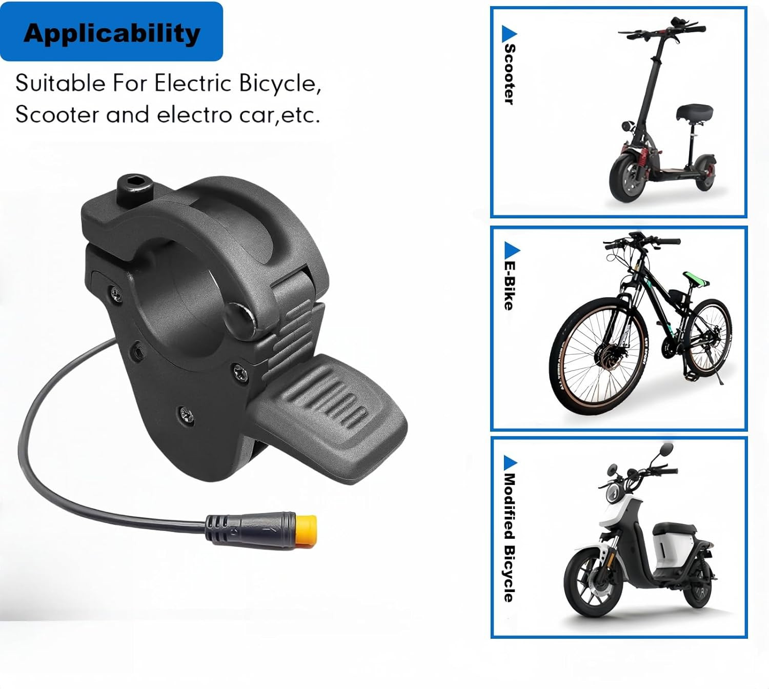 Ebike Thumb Throttle,12V/24V/36V/48V/52V/60V/72V 3-Pin M8 Waterproof Ebike Throt