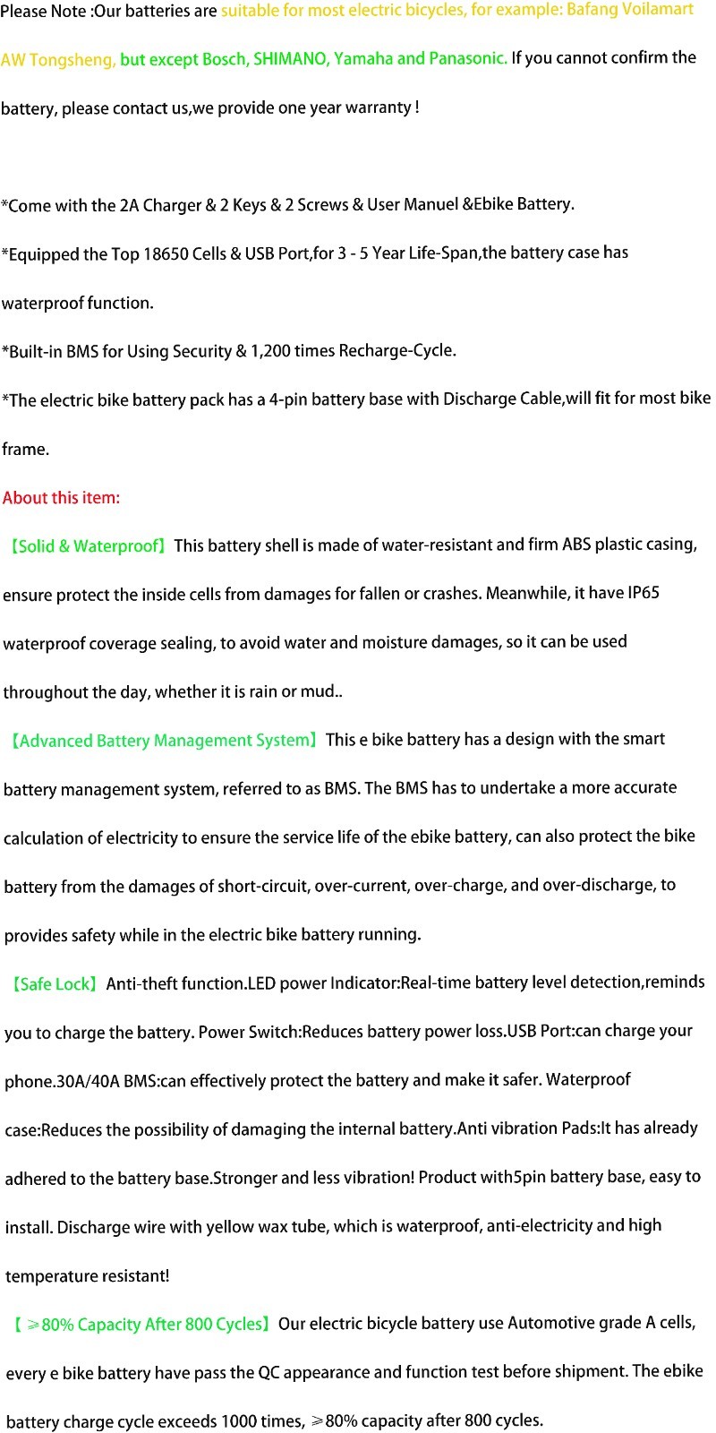 36V 48V 10Ah 15Ah 20Ah Electric Bike Battery For 0W-1800W Ebike Battery BMS 5PIN