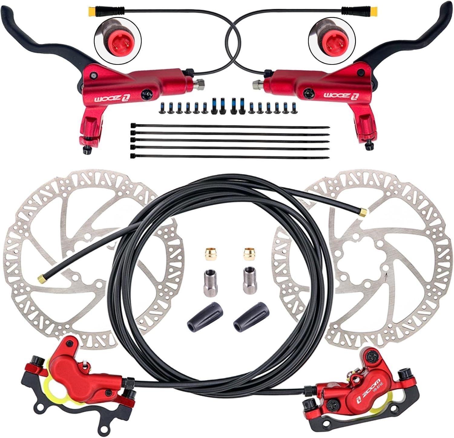 Zoom HB876E E-bike Hydraulic Brakes 180mm Rotors 4-Piston Red Pre-Bled Power-Off