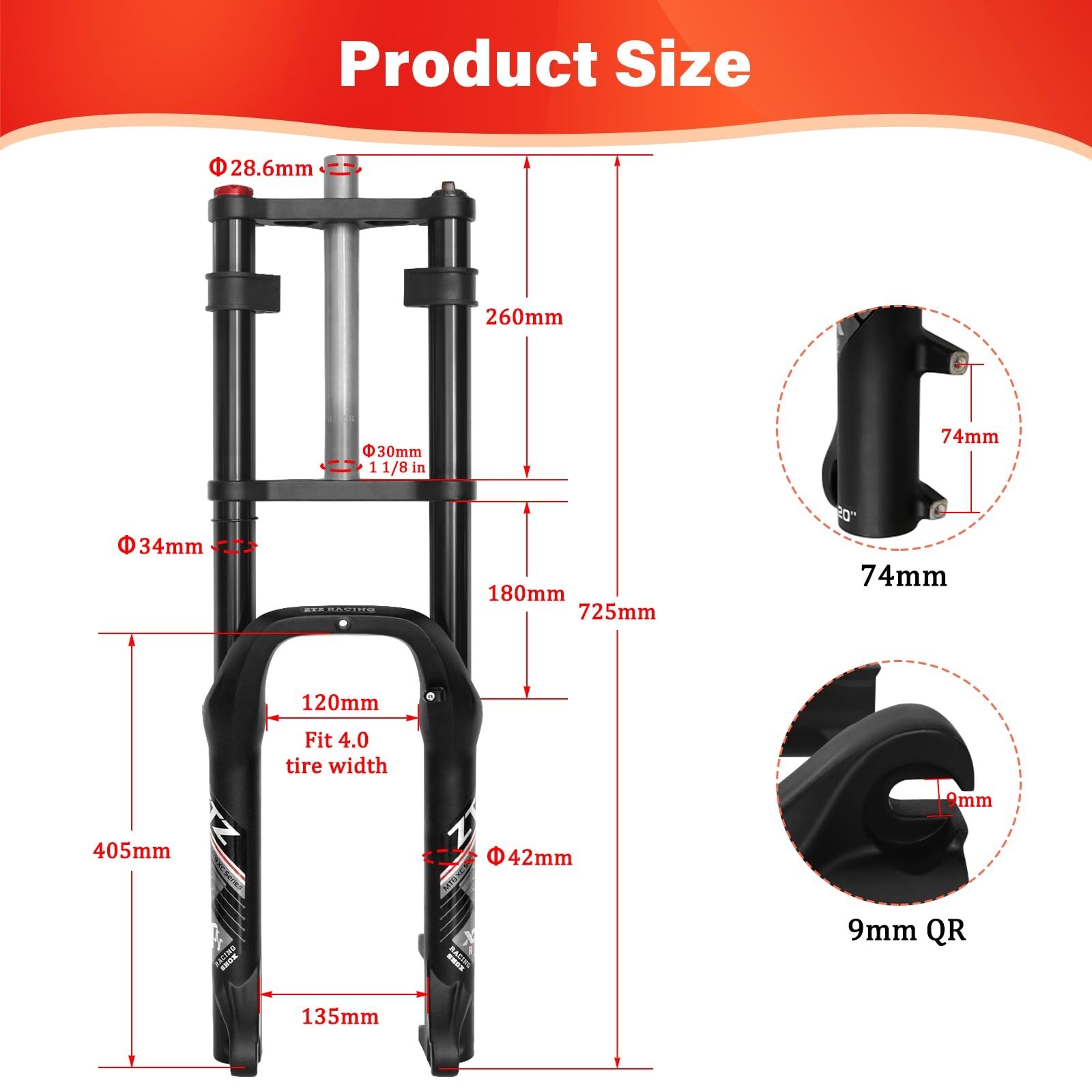 ZTZ 26 x 4.0 inch Fat Tire Oil Spring Suspension Fork – 180mm Travel, 135mm S…