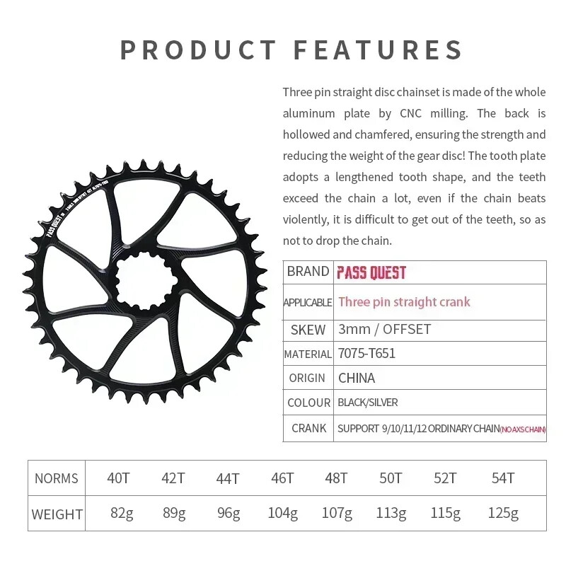 3mm Offset Chainring 40-54T Narrow Wide Teeth Bike Chainwheel 9/10/11/12 Speed