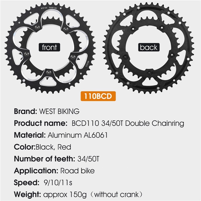 WEST BIKING Road Bike Chainring 110BCD 34T/50T Tooth Plate 8/9/10/11 Speed Black