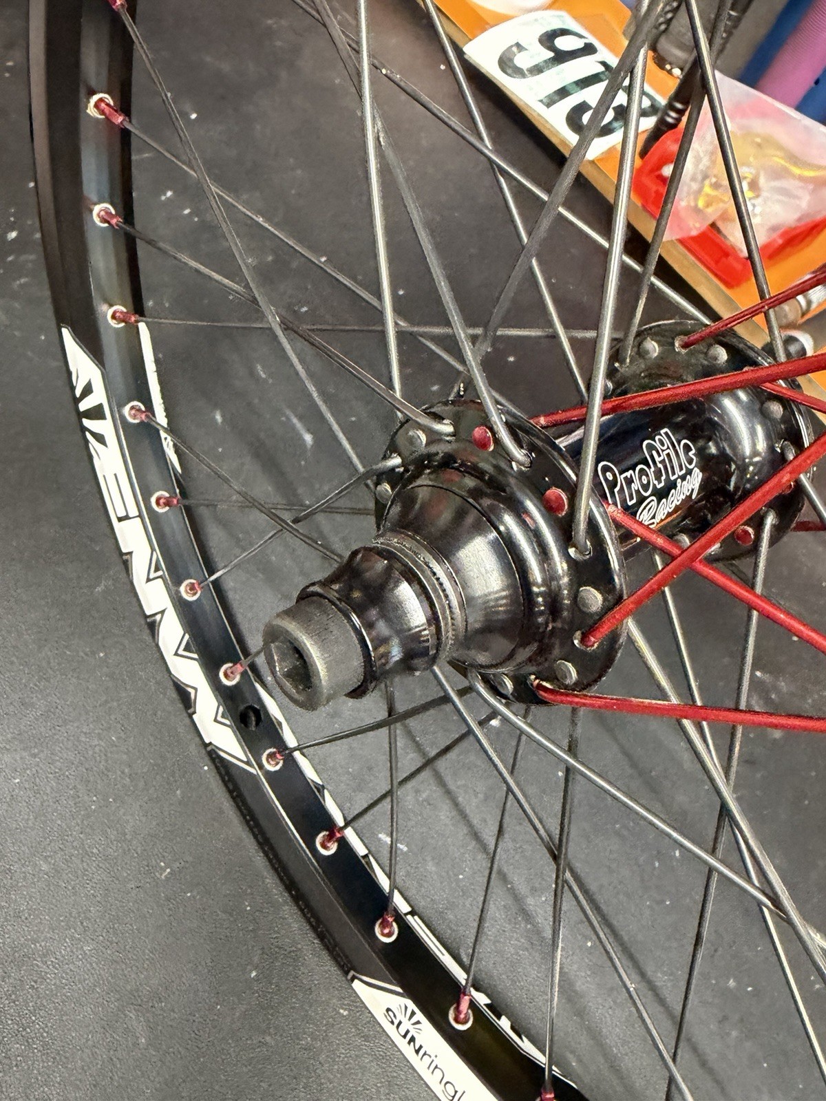 Custom built Sun Ringle Envy rims with Profile Racing Elite hubs. 20inch BMX