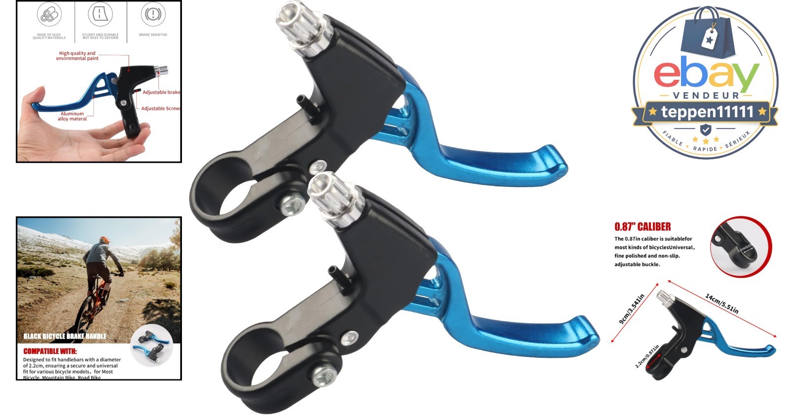 Bike Brake Levers Aluminum Alloy V-Brake 2.2cm Handlebar Blue 1 Pair