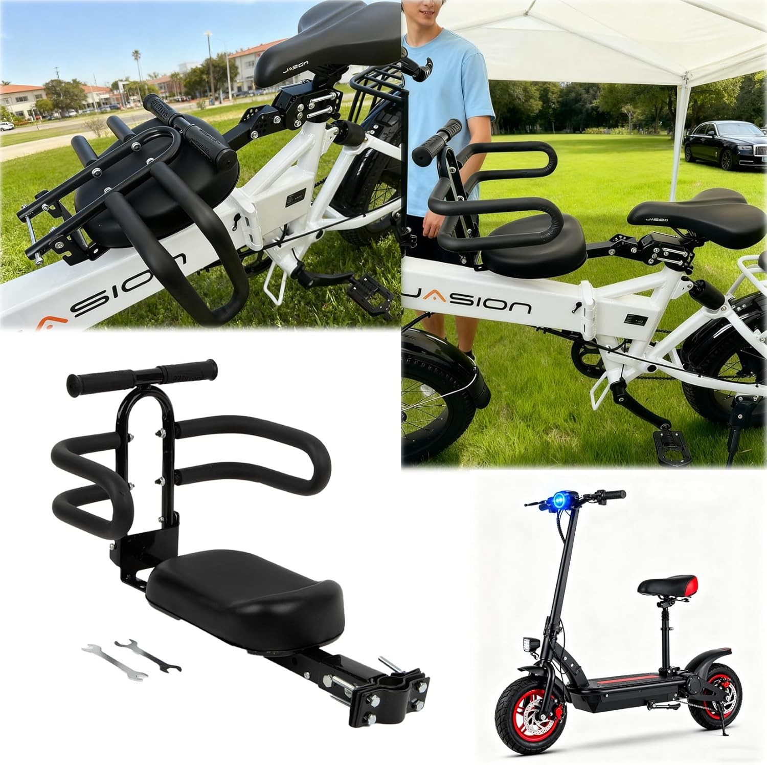 Tandem Bike Seat for Adult Bike & Electric Scooter Adjustable 35mm-65mm Inner