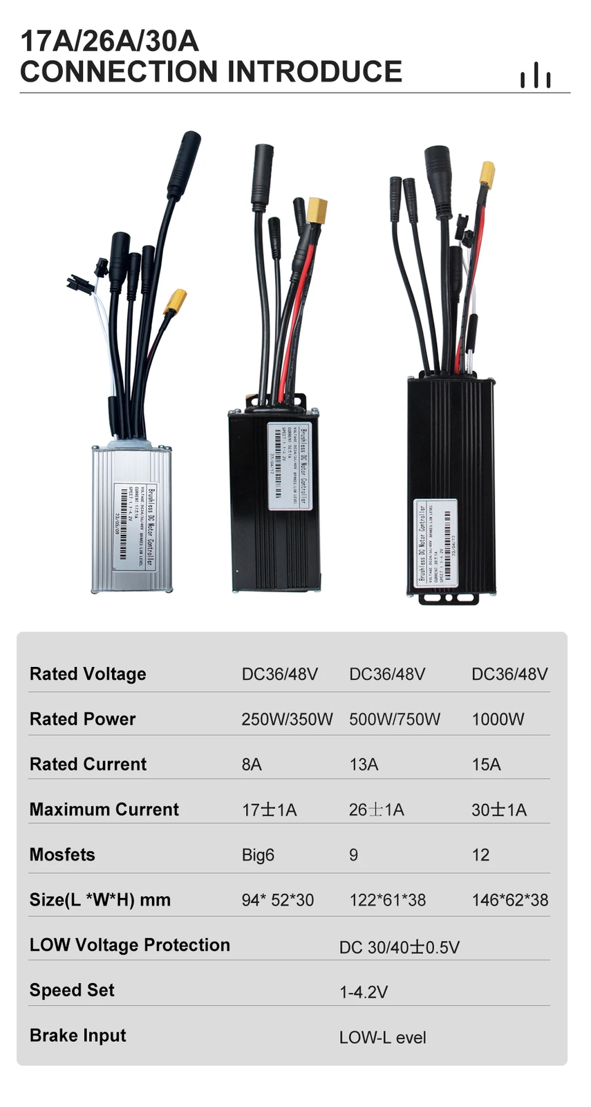 E-Bike 3 Mode Controller Motor Brushless Controller 250W-1000W with LCD Display