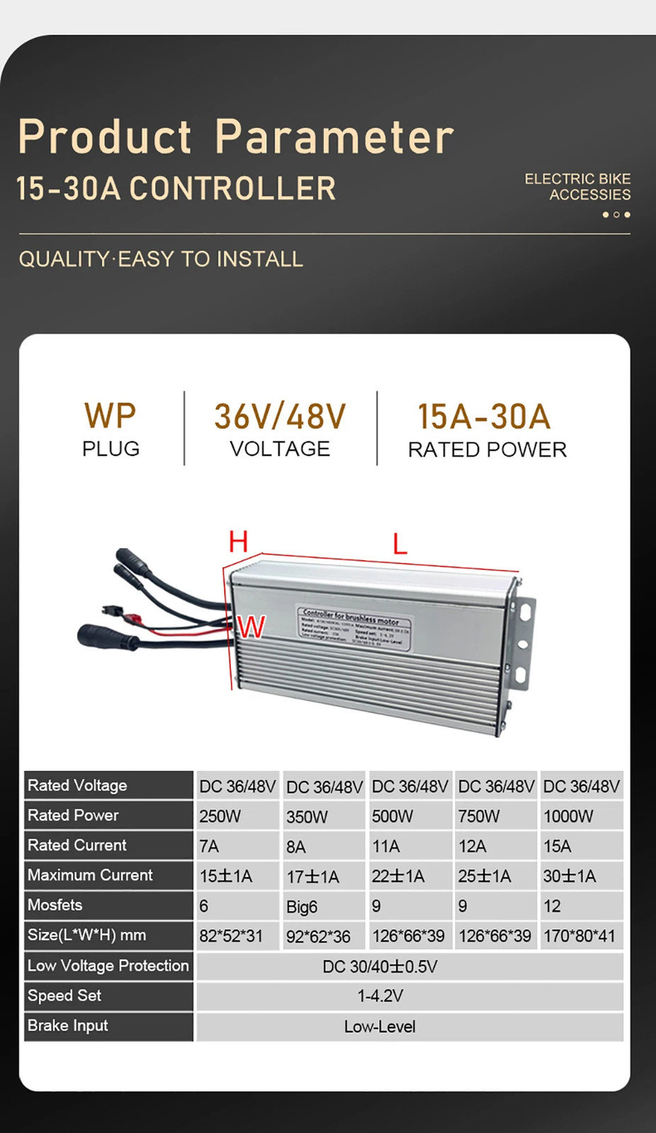 Electric Bike Controller 36V 48V 15A-30A All Waterproof Brushless 250W-1000W