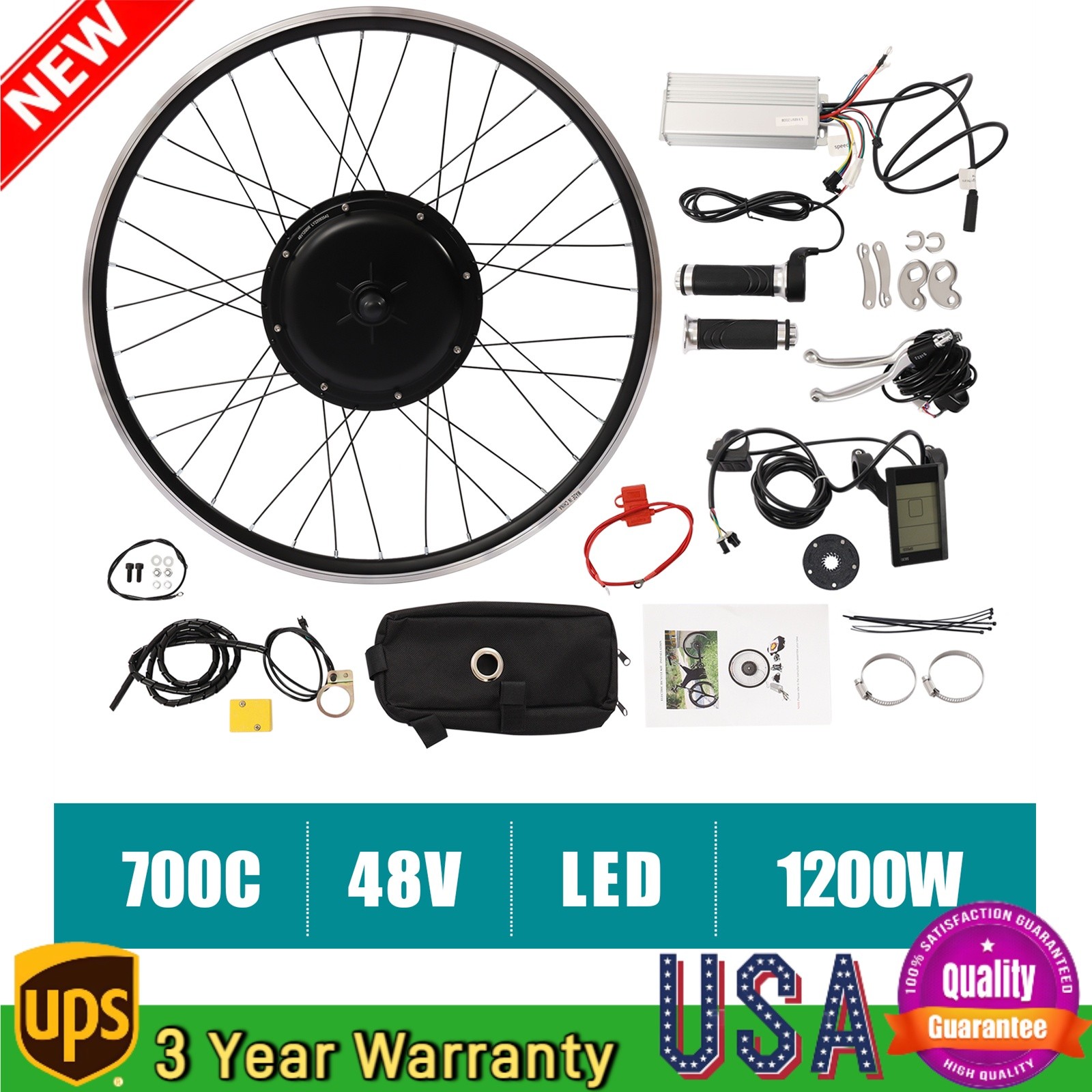 25» 1200W 48V Electric Bicycle Front Wheel Hub Motor E-bike Conversion Kit 700c