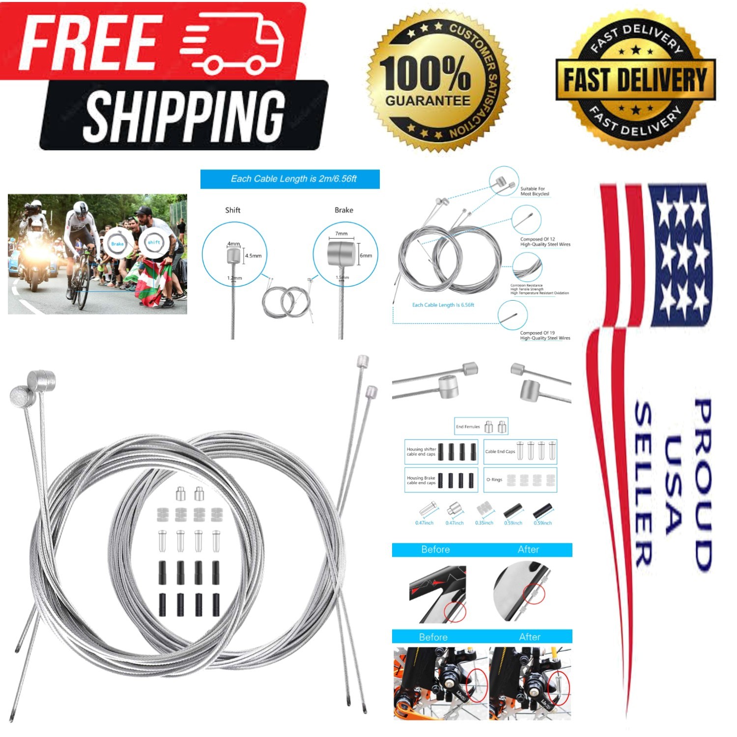 Bicycle Brake/Shift Cable Set with Accessories – 6.56 ft, Universal Fit