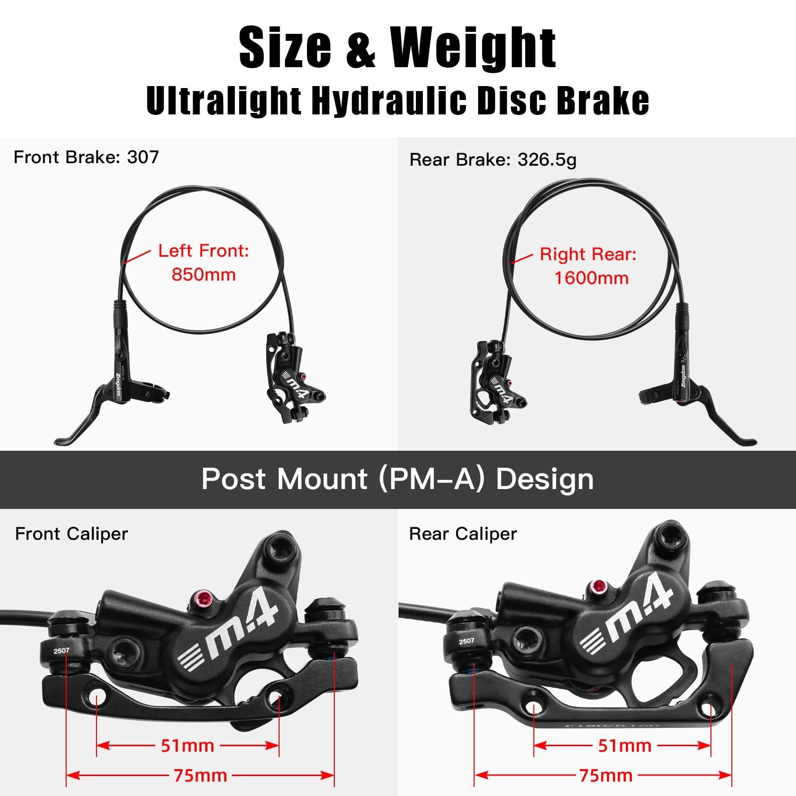 ZTZ 4-Piston MTB Hydraulic Brake Set, Left Front 850mm and Right Rear 1600mm …
