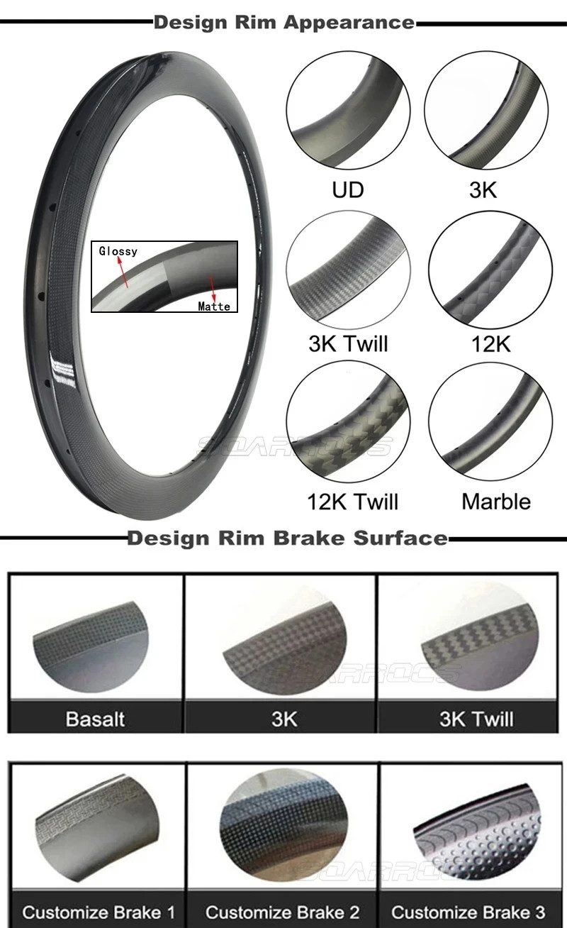 Road Bike Carbon Rims Tubular 12K Matte/Glossy V /Disc Brake Tubular Rings 2pcs