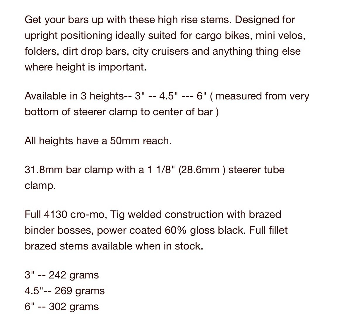 HUNTER CYCLES High Rise Stem New Rivendell Velo Orange Potts Nitto Cunningham