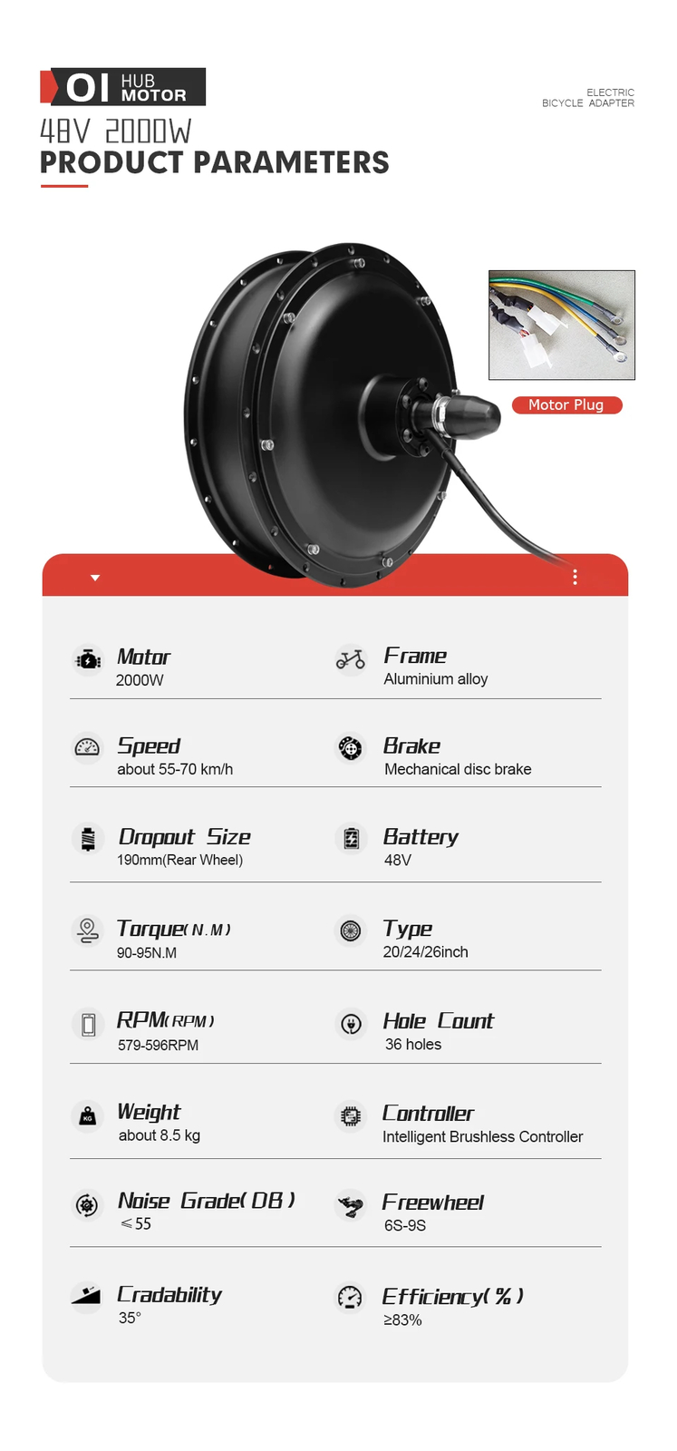 48V 72V 2000W 20 24 26in Snow E-bike Fat Tire Brushless Gearless Rear Hub Motor