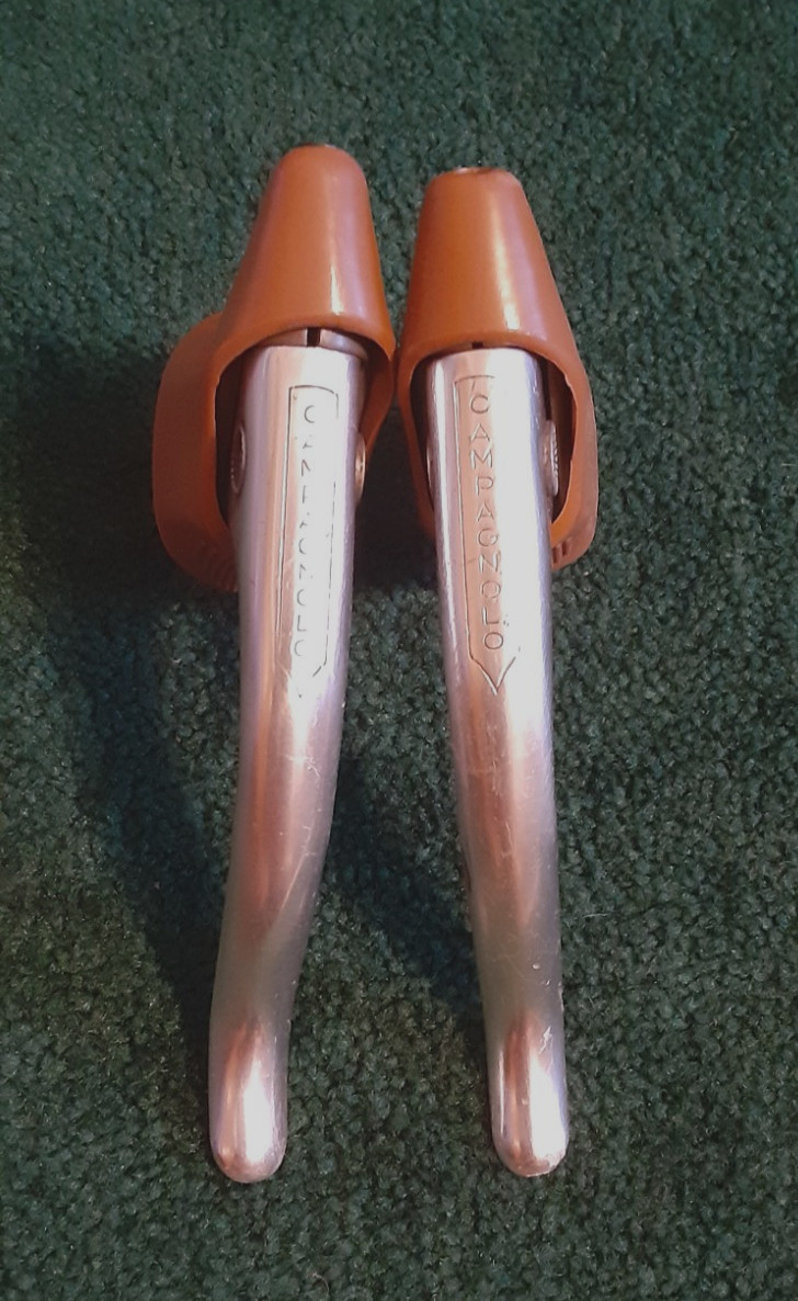 Two (2) Used Campagnolo 1972 Record Brake Levers, Brown Gum Hoods