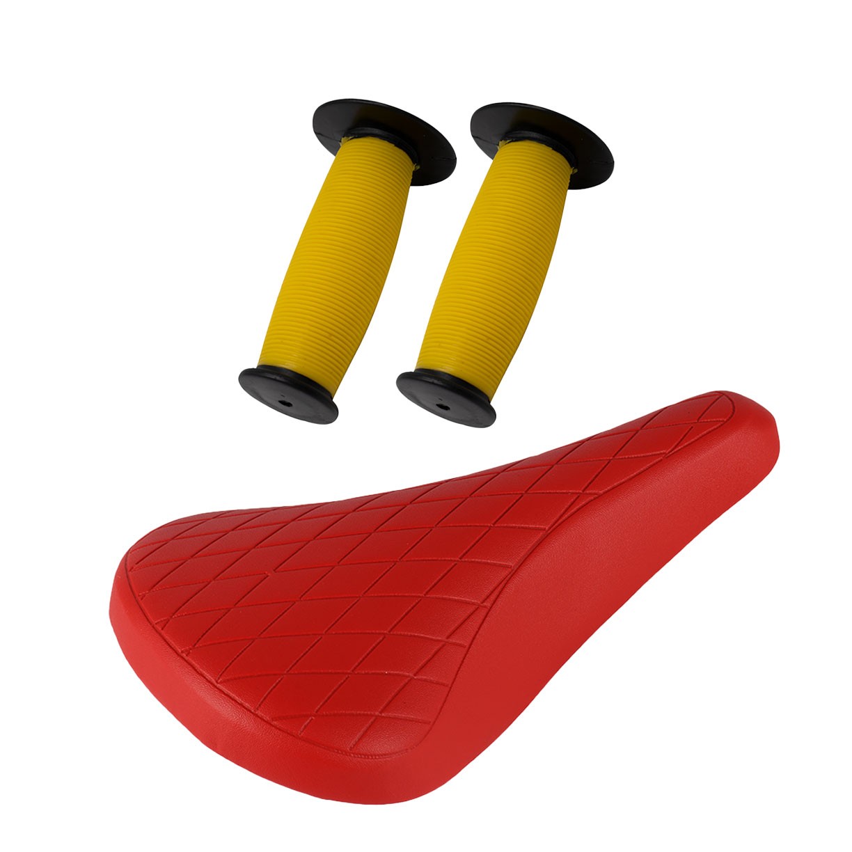 PRO+ Red Diamond Saddle & Yellow/Black Mushroom Grips BMX BIKE