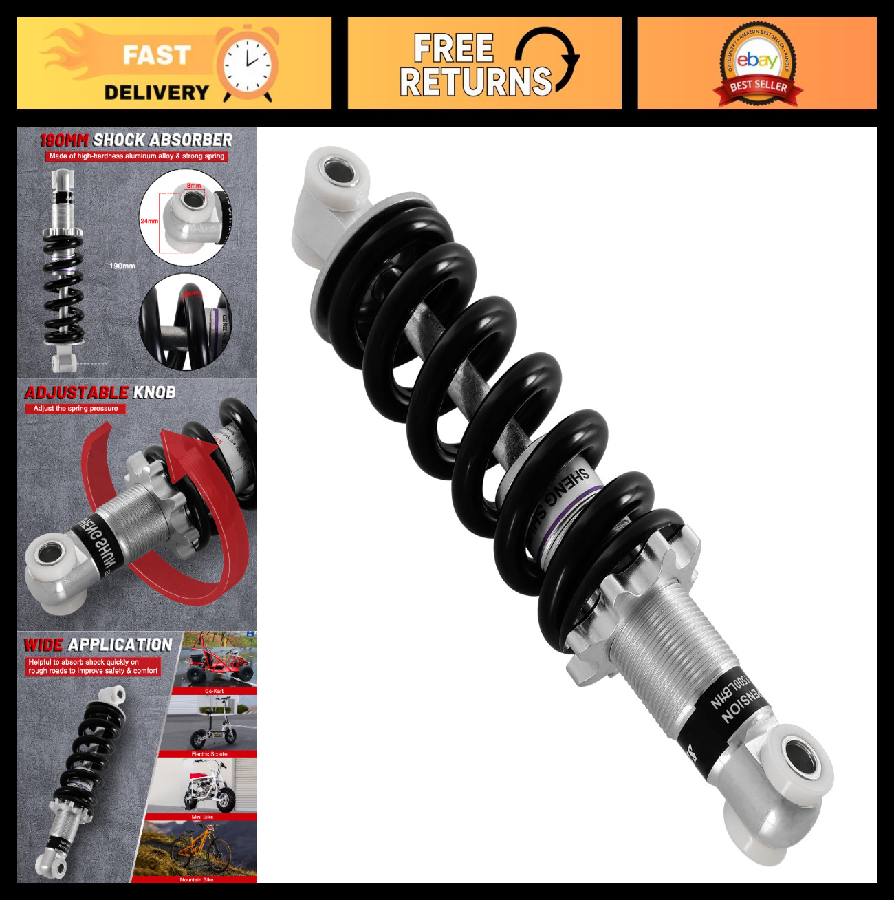 190mm 1500LBS Adjustable Mountain Bike Rear Shock Absorber for MTB, E-Bike & Mor