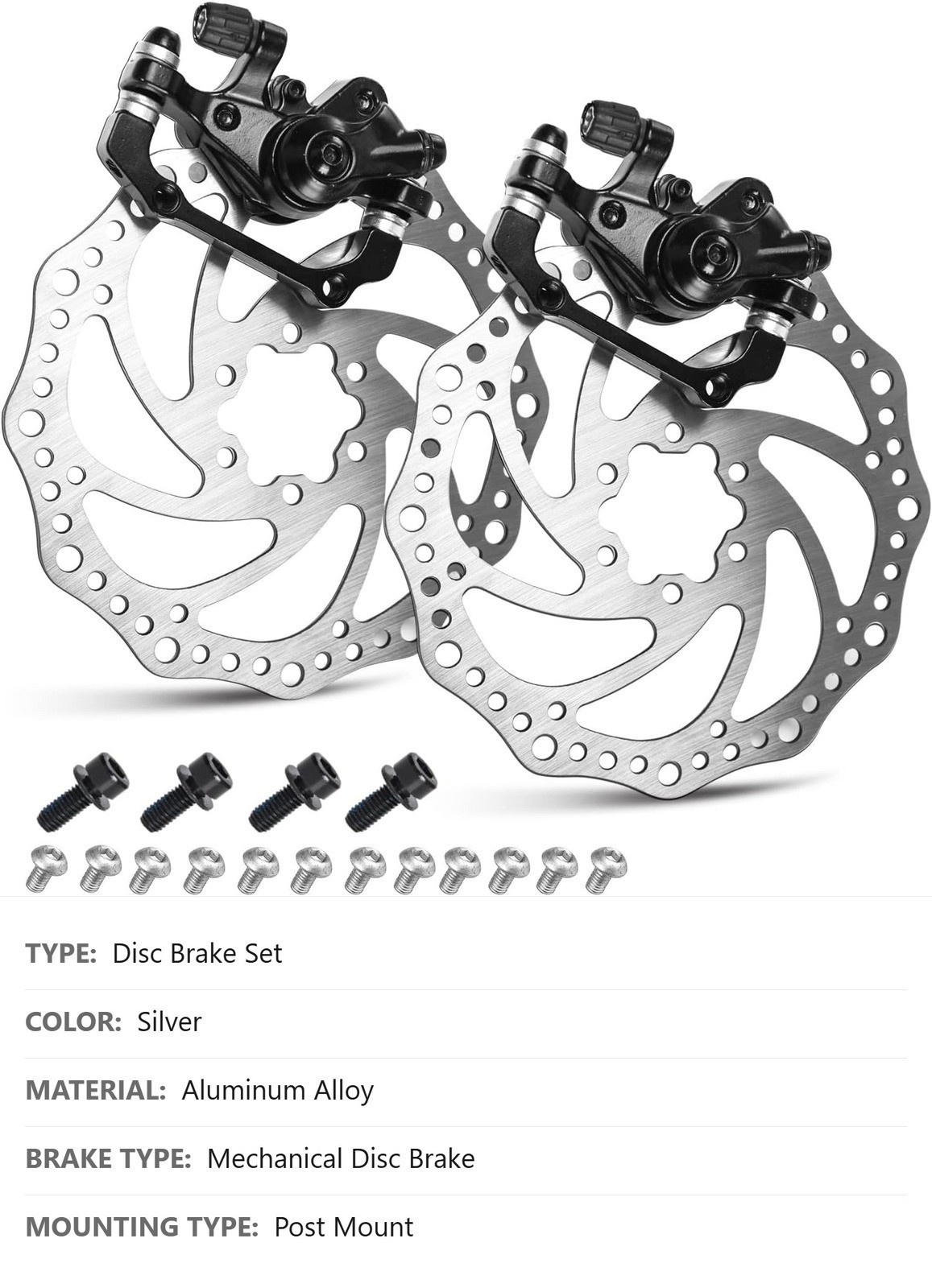 Mechanical Disc Brake Set, Front Rear, 2 Rotor 160mm, Post Mount, Aluminum Alloy