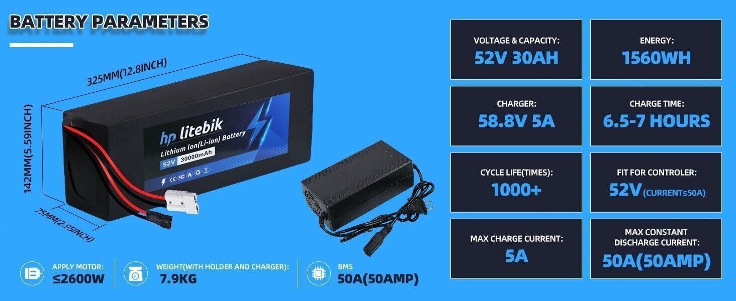 52V 20Ah 30Ah Lithium-ion ebike Battery 200W-2600W Scooter Electric Bicycle Bike