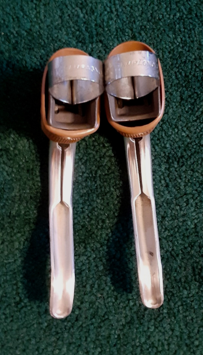 Two (2) Used Campagnolo 1972 Record Brake Levers, Brown Gum Hoods