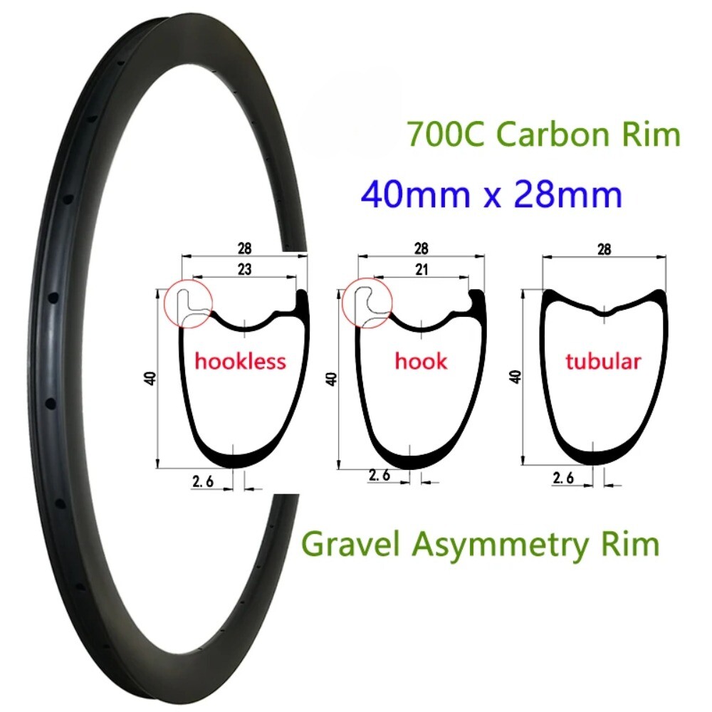 1 Pcs Gravel Carbon Rim 700C 40mm Depth 28mm Width Asymmetry Tubeless Tubular